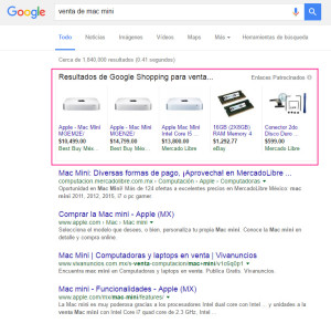 Búsqueda en la Red de Búsqueda de Google utilizando la palabra clave "venta de mac mini"-
